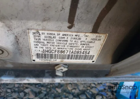 2001 Honda Accord Value Package z USA, uszkodzony, nr VIN 1HGCF86671A085454